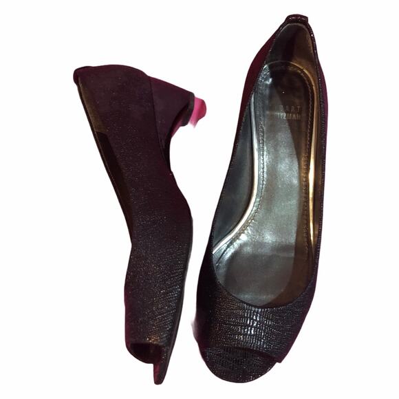 Stuart Weitzman Tofu Peep Toe Wedge Black 8.5 EUC - Picture 1 of 11